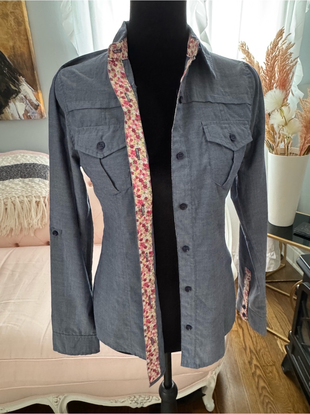 Pink Rose Navy Button-Up Shirt Jacket with Floral Trim